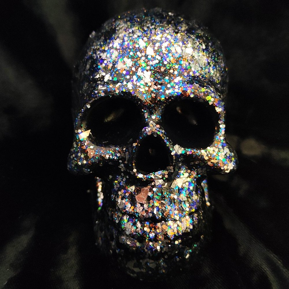 Black & Holographic SILVER GLITTER SKULL • Gothic Desk Paperweight • Goth Decor
